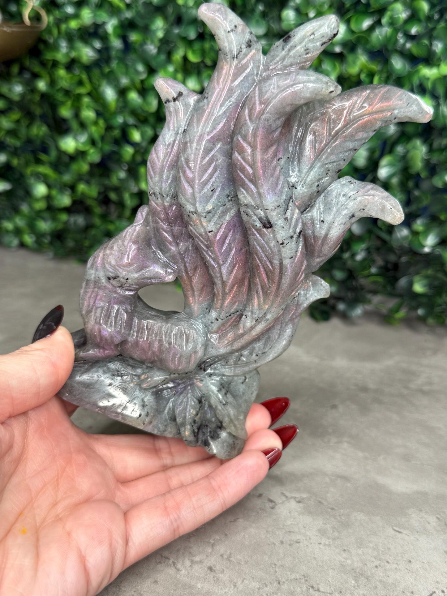 AAA Pink Labradorite Nine Tailed Fox Crystal Carving  386g