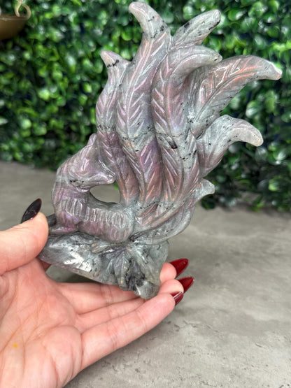 AAA Pink Labradorite Nine Tailed Fox Crystal Carving  386g