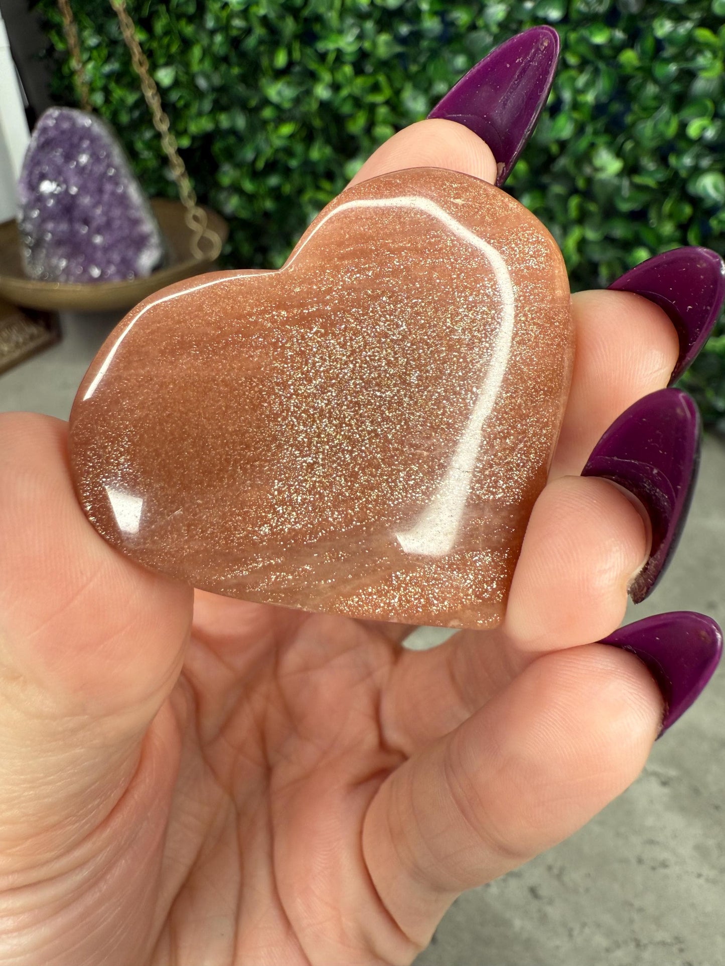 High Flash Peach Moonstone Heart with Gold Sunstone and Moonstone Flash