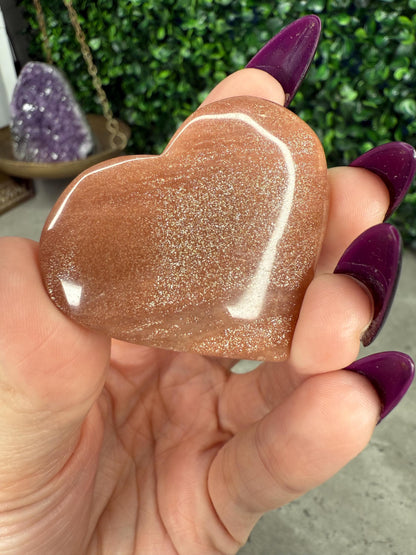 High Flash Peach Moonstone Heart with Gold Sunstone and Moonstone Flash