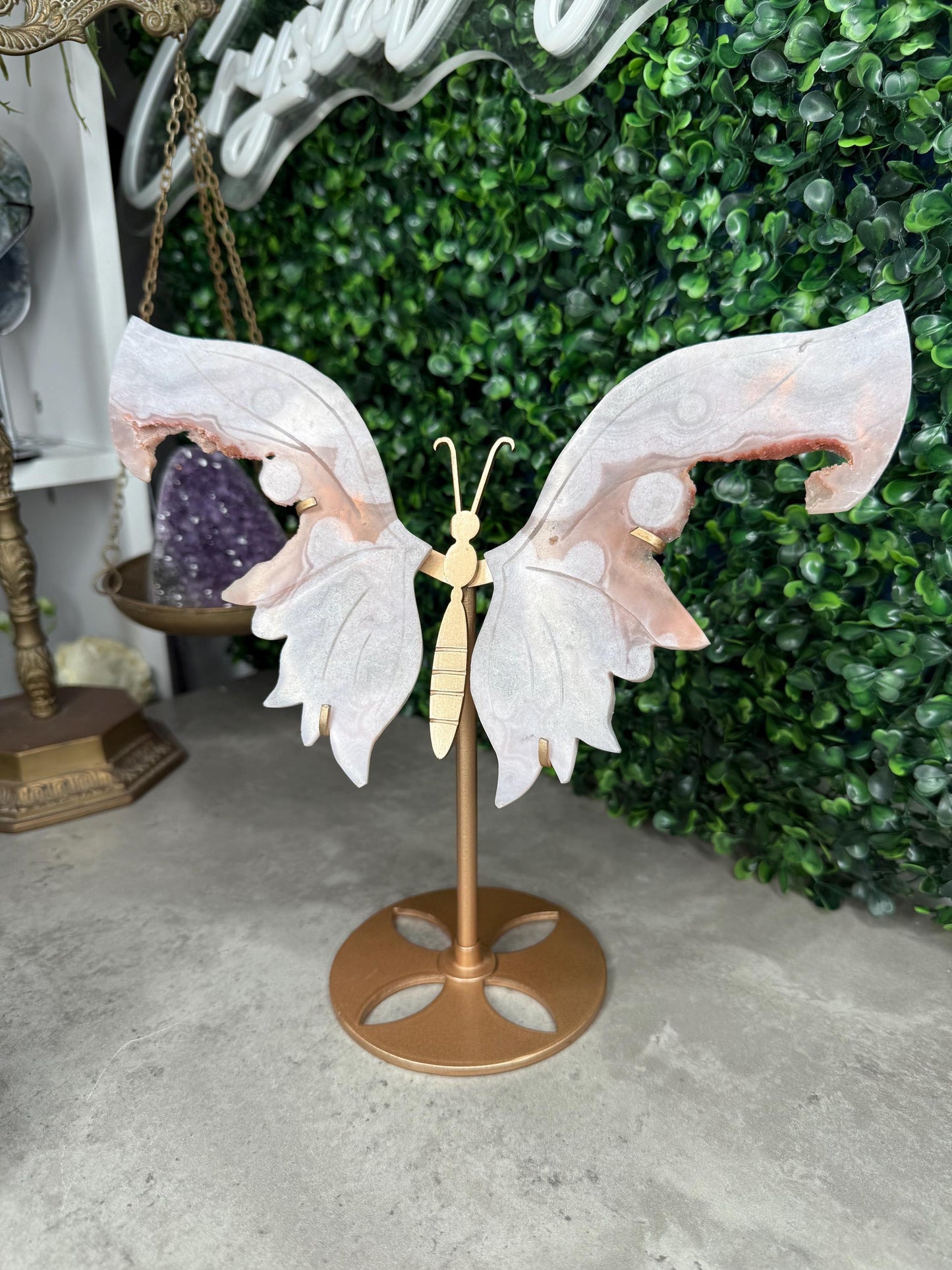 Pink Amethyst Crystal Butterfly Wings with a Gold Stand
