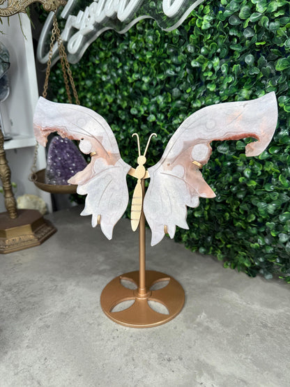 Pink Amethyst Crystal Butterfly Wings with a Gold Stand