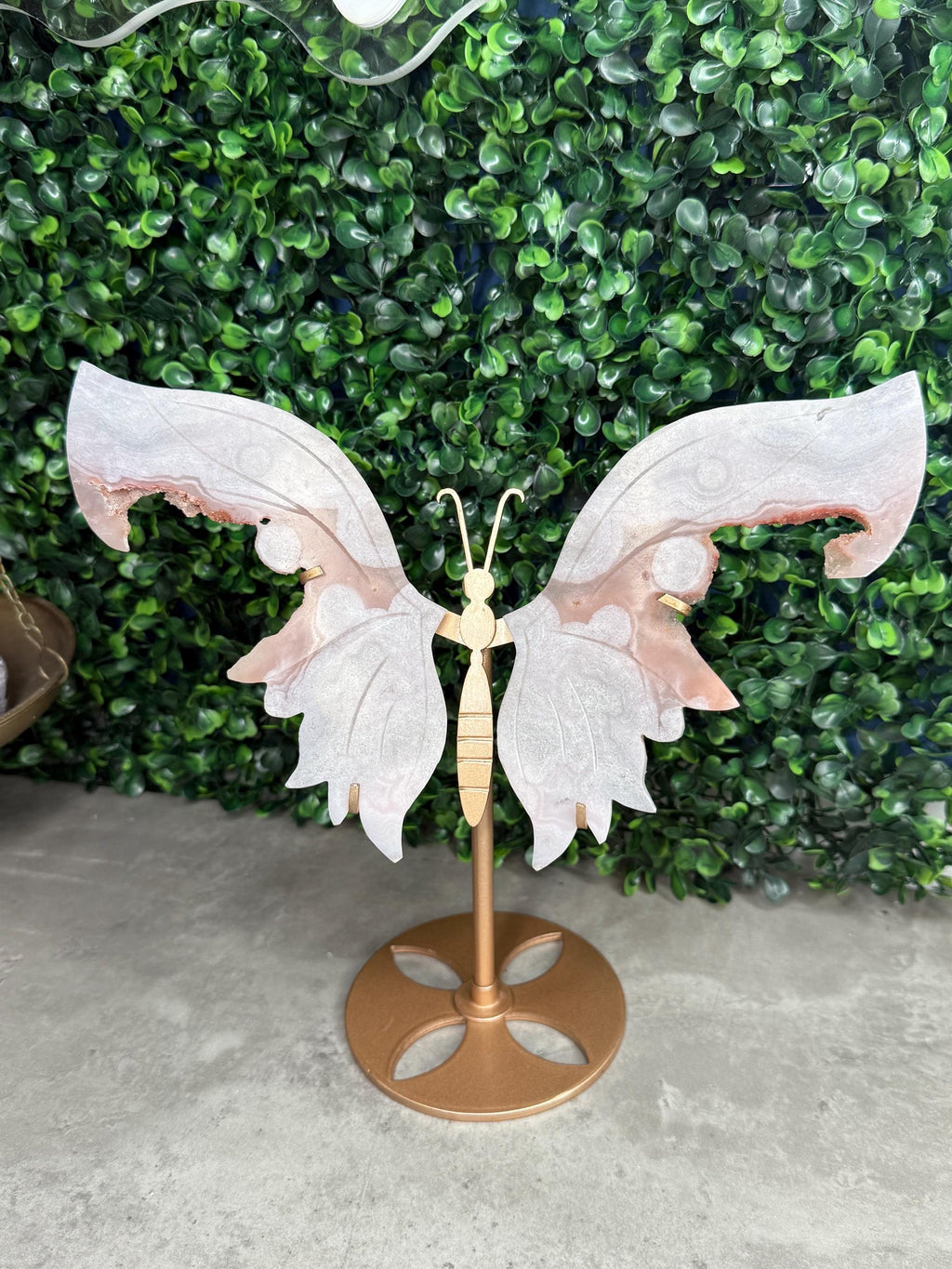 Pink Amethyst Crystal Butterfly Wings with a Gold Stand