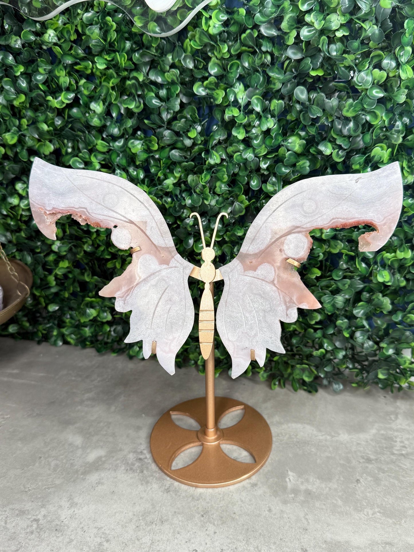 Pink Amethyst Crystal Butterfly Wings with a Gold Stand