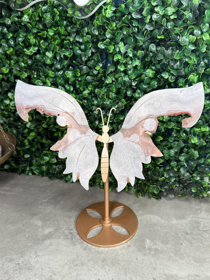 Pink Amethyst Crystal Butterfly Wings with a Gold Stand