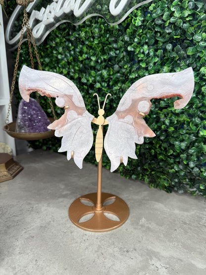 Pink Amethyst Crystal Butterfly Wings with a Gold Stand