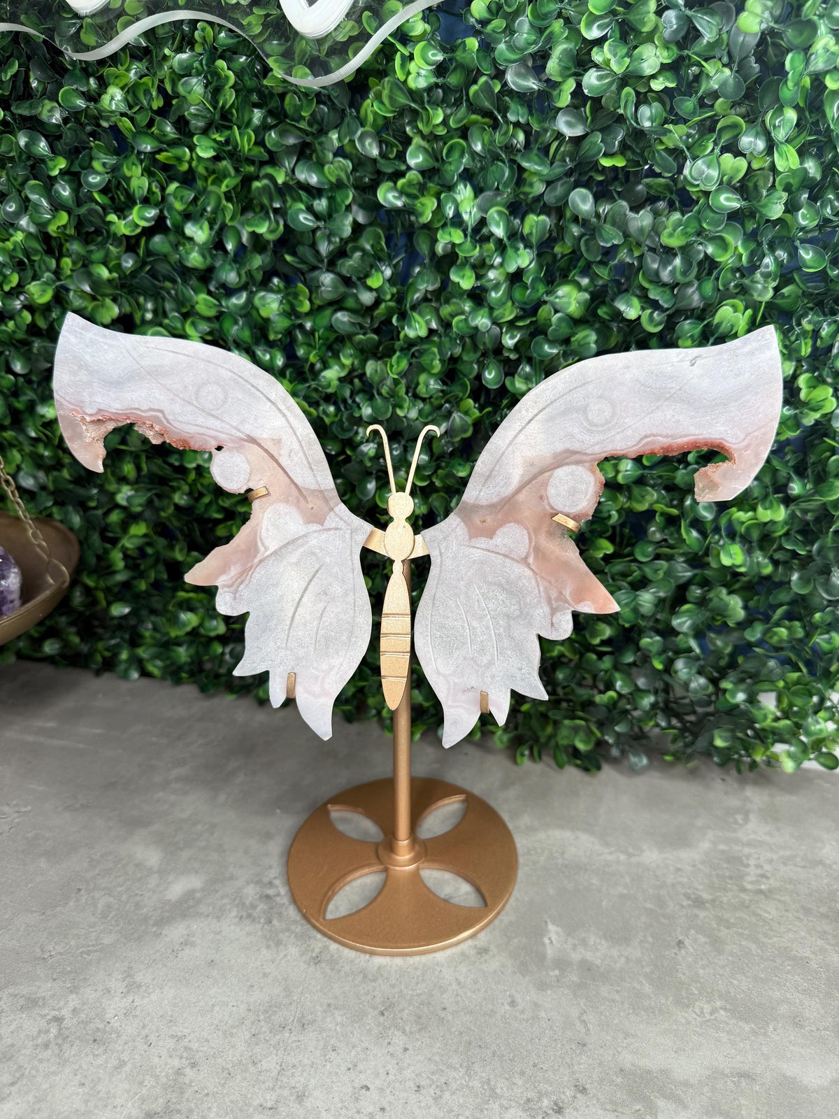Pink Amethyst Crystal Butterfly Wings with a Gold Stand