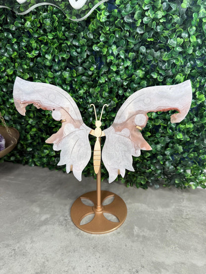 Pink Amethyst Crystal Butterfly Wings with a Gold Stand