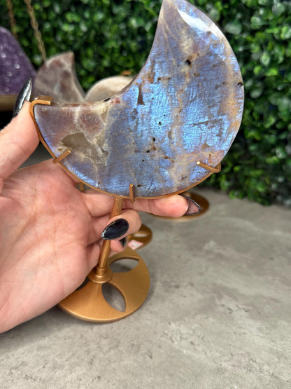 Moonstone and Sunstone Crystal Moon Carvings on Gold Stands