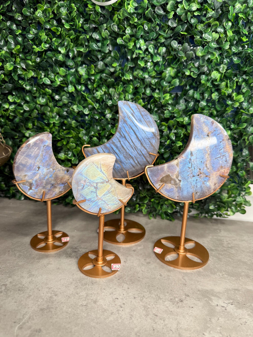 Moonstone and Sunstone Crystal Moon Carvings on Gold Stands