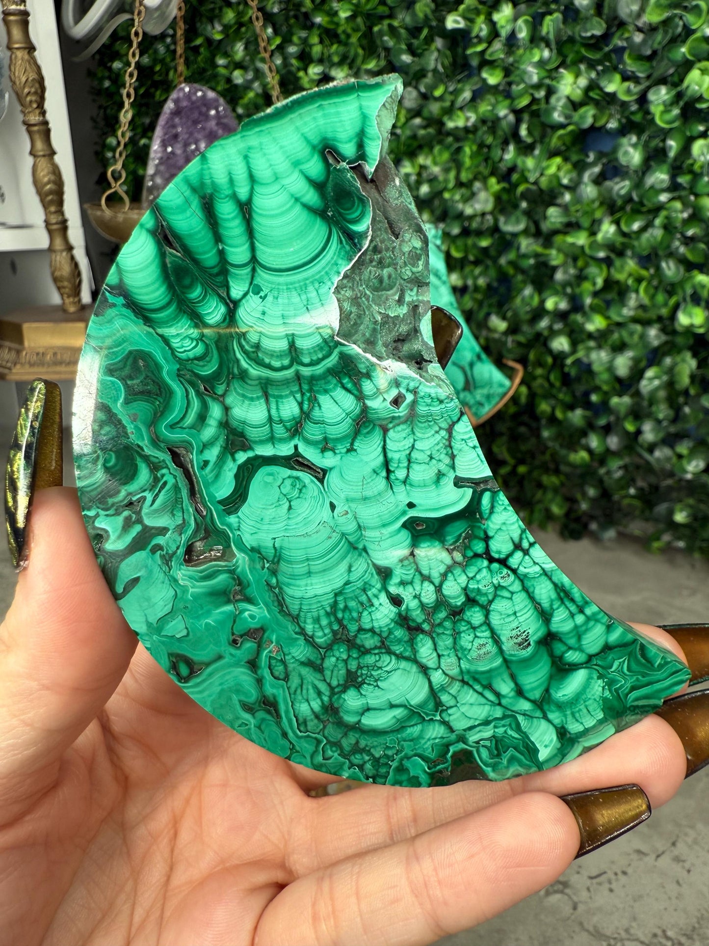 Malachite Crystal Moon carvings with Gold Stands