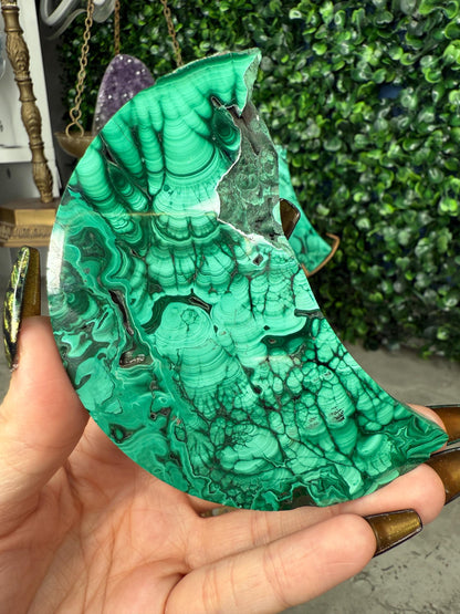 Malachite Crystal Moon carvings with Gold Stands