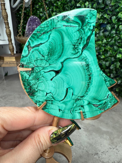 Malachite Crystal Moon carvings with Gold Stands
