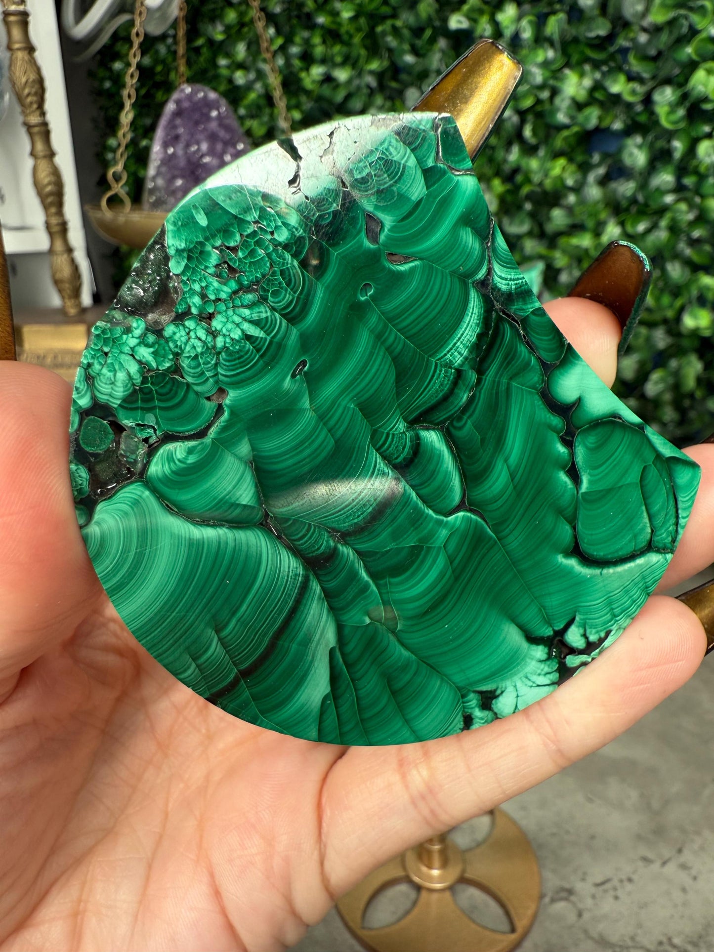 Malachite Crystal Moon carvings with Gold Stands