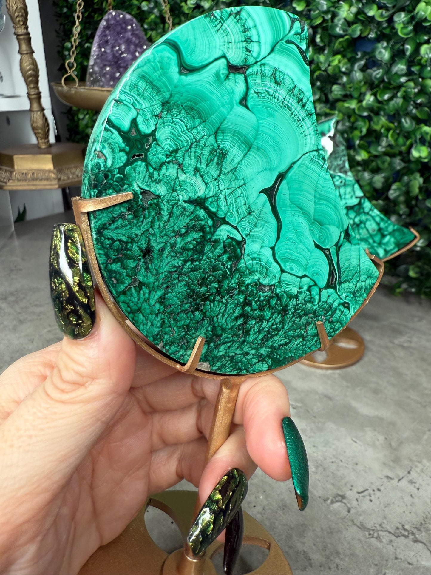 Malachite Crystal Moon carvings with Gold Stands
