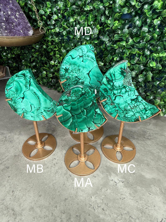 Malachite Crystal Moon carvings with Gold Stands