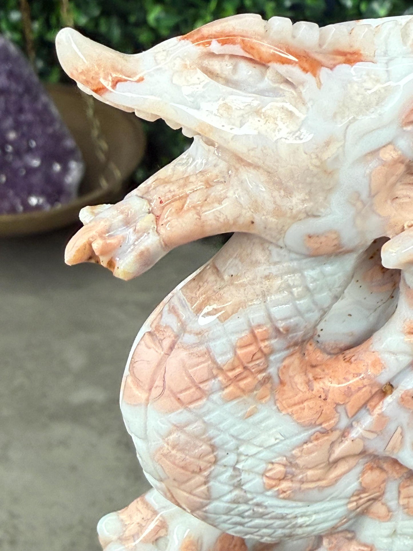 Pink Cotton Candy Agate Druzy Crystal Dragon Carving with Custom Gold Stand - 446g, 153mm