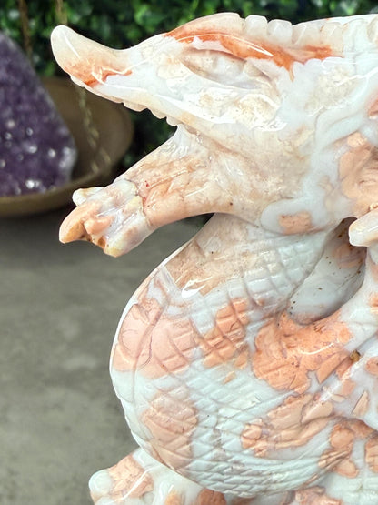 Pink Cotton Candy Agate Druzy Crystal Dragon Carving with Custom Gold Stand - 446g, 153mm
