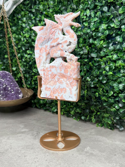 Pink Cotton Candy Agate Druzy Crystal Dragon Carving with Custom Gold Stand - 446g, 153mm
