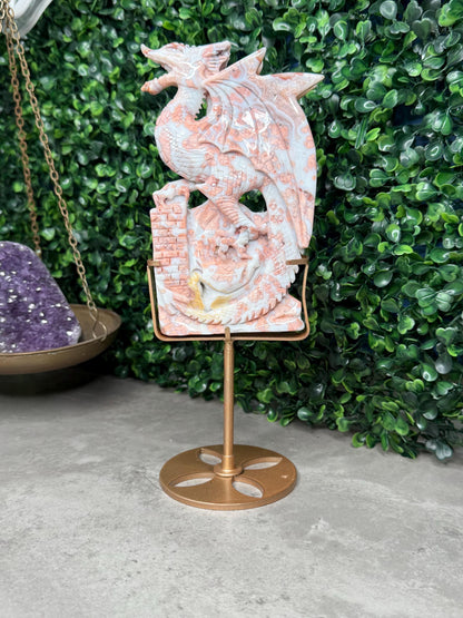 Pink Cotton Candy Agate Druzy Crystal Dragon Carving with Custom Gold Stand - 446g, 153mm