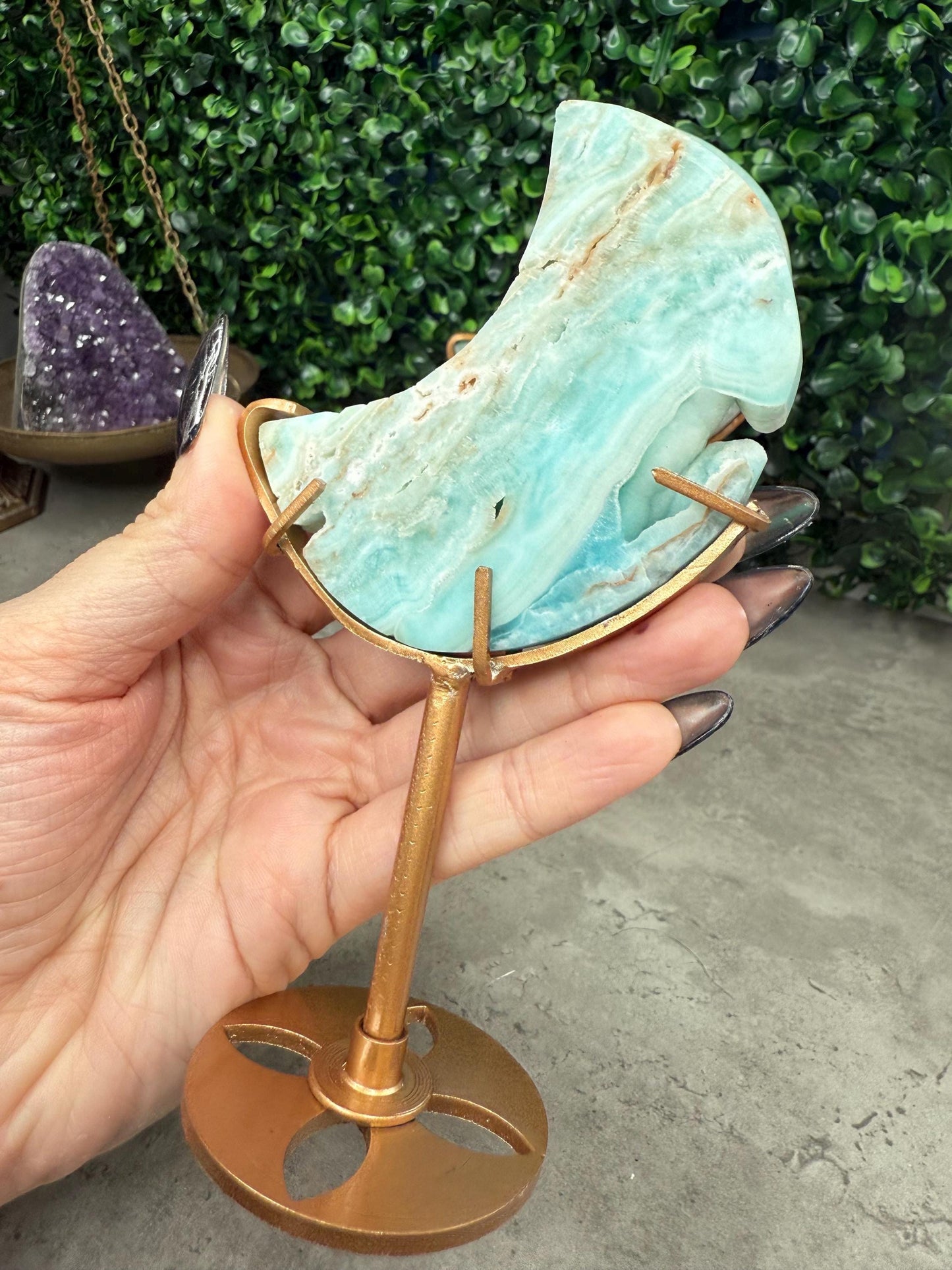 Blue Aragonite Crystal Moon Carvings with Custom Stands