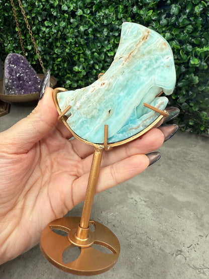 Blue Aragonite Crystal Moon Carvings with Custom Stands