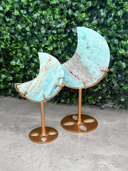 Blue Aragonite Crystal Moon Carvings with Custom Stands