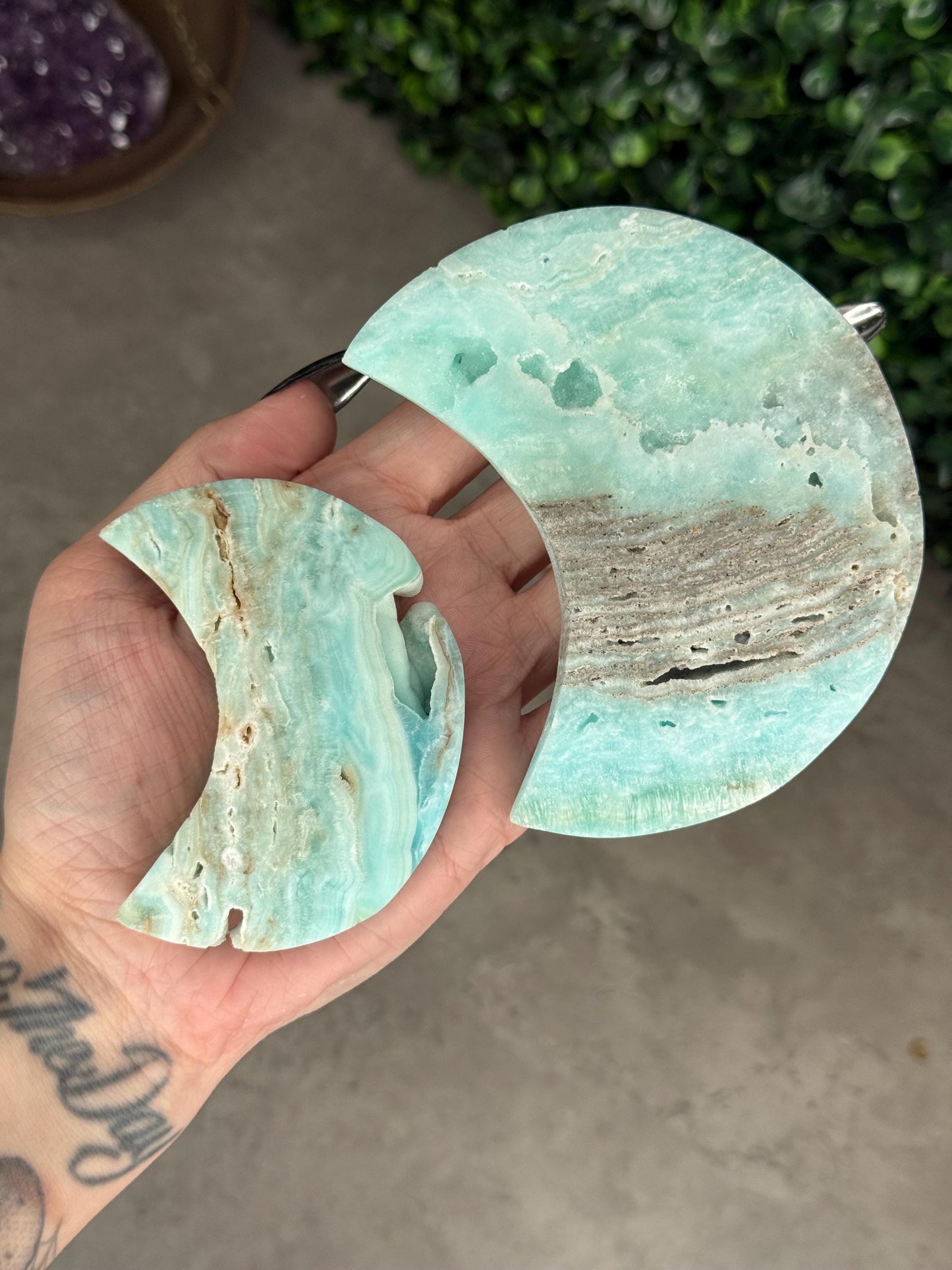 Blue Aragonite Crystal Moon Carvings with Custom Stands