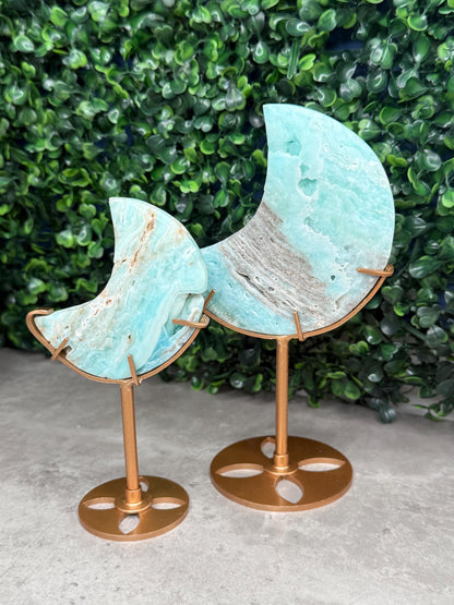 Blue Aragonite Crystal Moon Carvings with Custom Stands