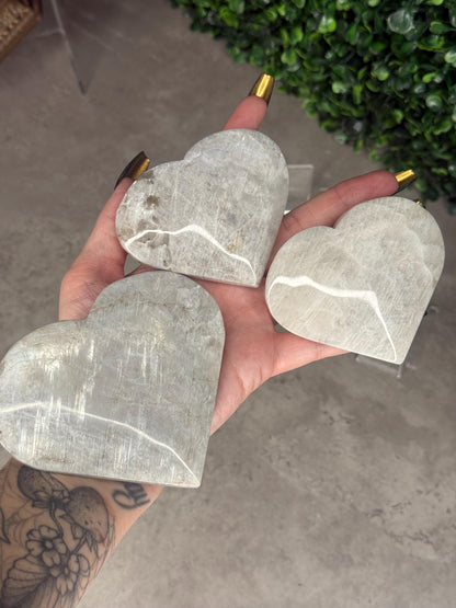 Grey Moonstone Heart Crystal Carvings