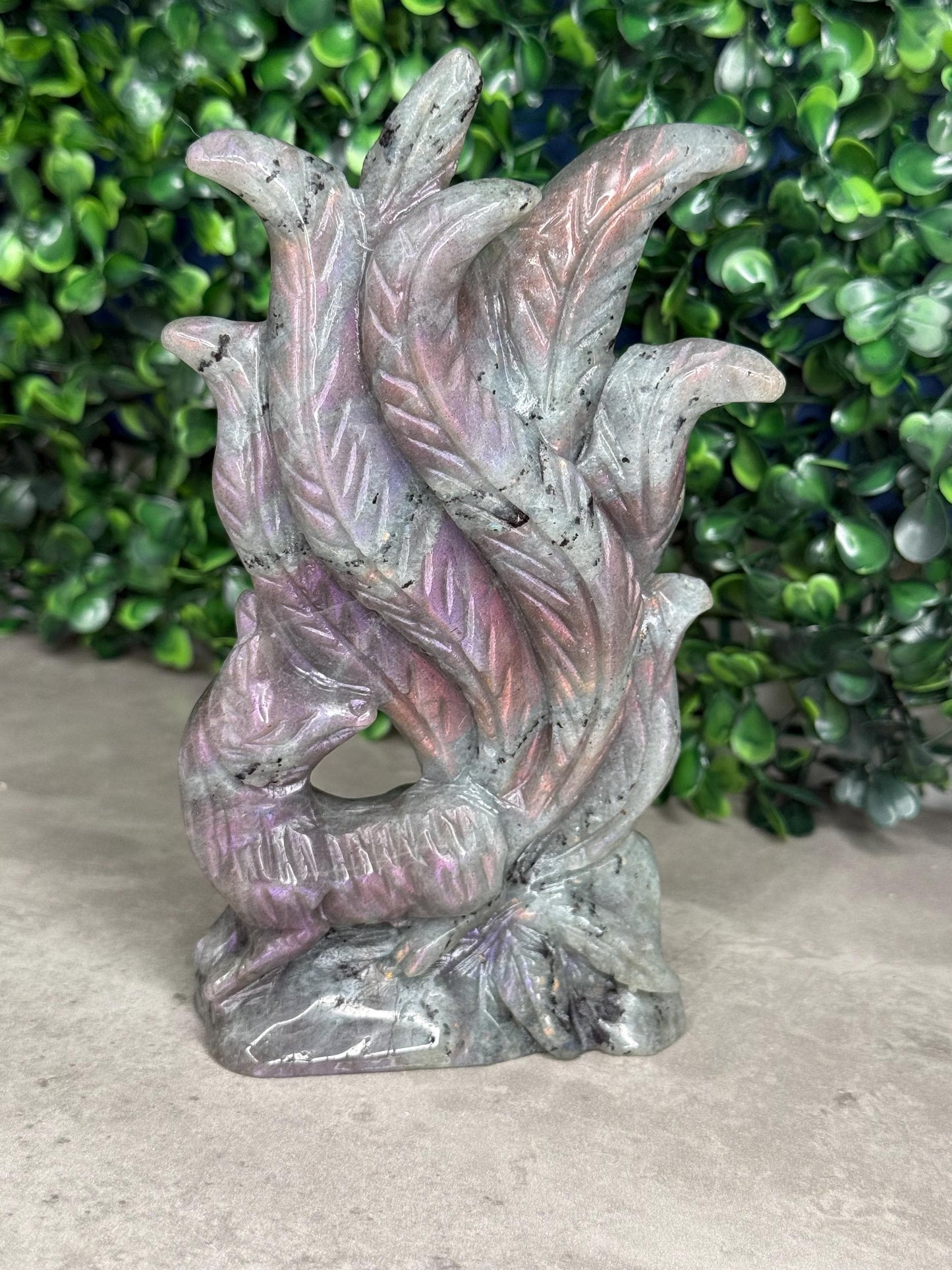 AAA Pink Labradorite Nine Tailed Fox Crystal Carving  386g