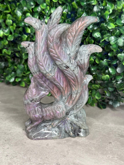 AAA Pink Labradorite Nine Tailed Fox Crystal Carving  386g