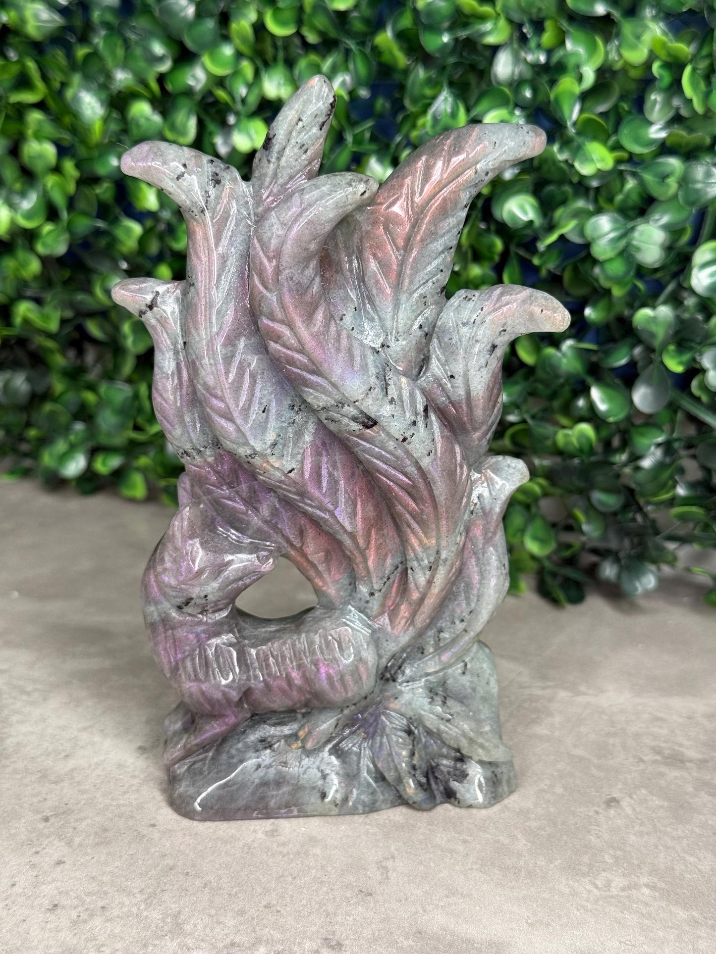 AAA Pink Labradorite Nine Tailed Fox Crystal Carving  386g
