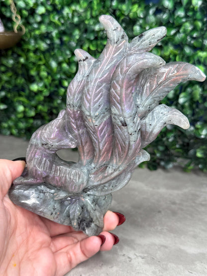 AAA Pink Labradorite Nine Tailed Fox Crystal Carving  386g