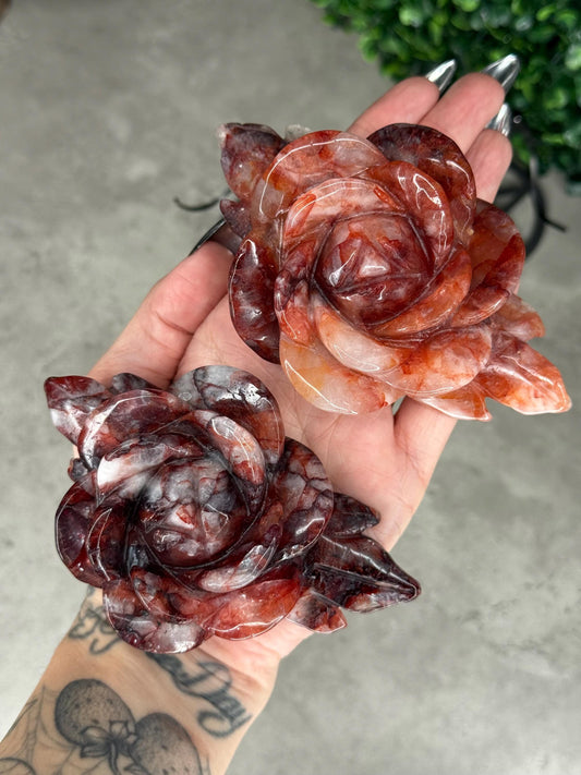 Fire Quartz Peony Flower Crystal Carvings with black stands