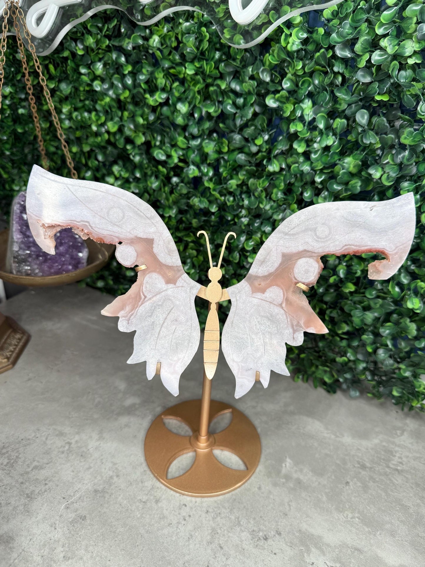 Pink Amethyst Crystal Butterfly Wings with a Gold Stand
