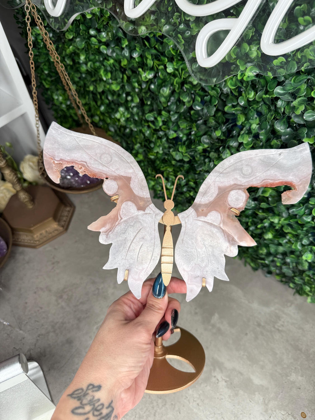 Pink Amethyst Crystal Butterfly Wings with a Gold Stand