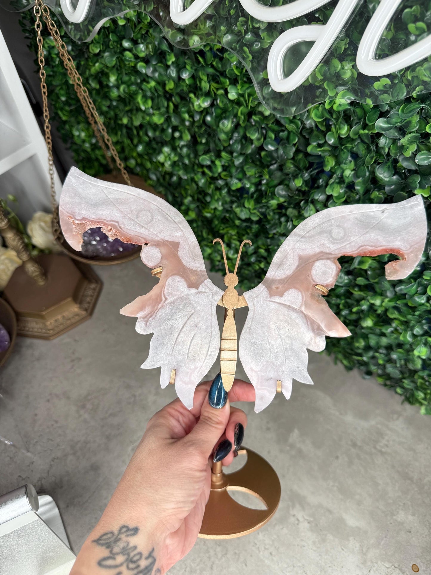 Pink Amethyst Crystal Butterfly Wings with a Gold Stand