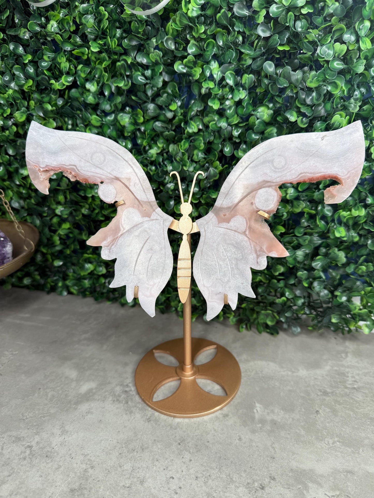 Pink Amethyst Crystal Butterfly Wings with a Gold Stand