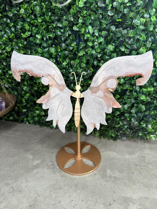 Pink Amethyst Crystal Butterfly Wings with a Gold Stand
