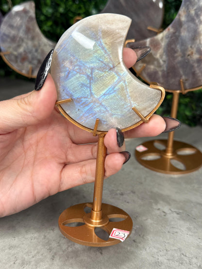 Moonstone and Sunstone Crystal Moon Carvings on Gold Stands