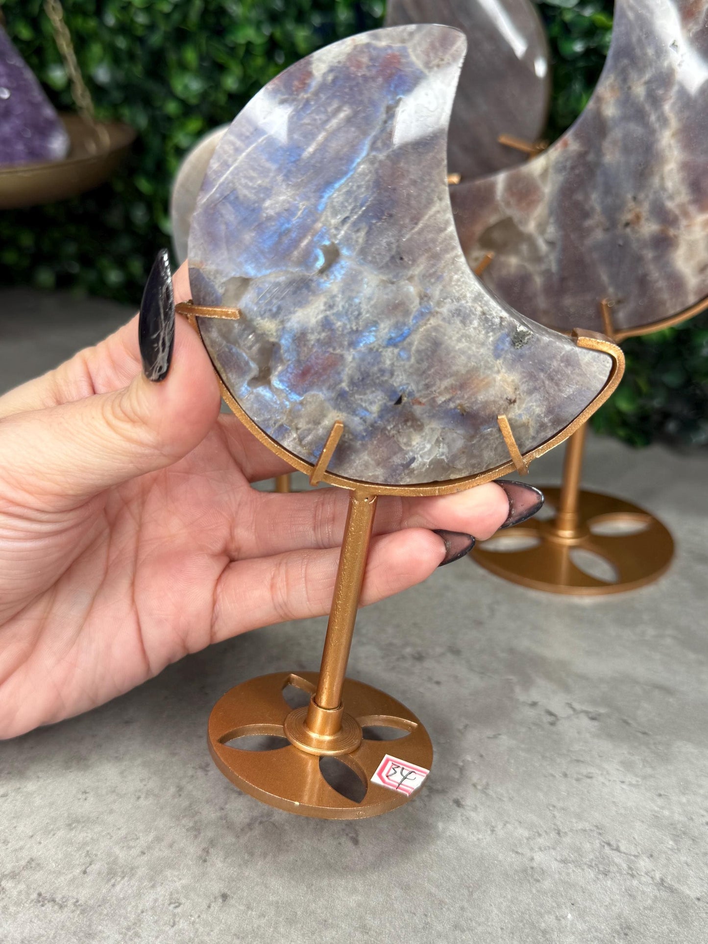 Moonstone and Sunstone Crystal Moon Carvings on Gold Stands