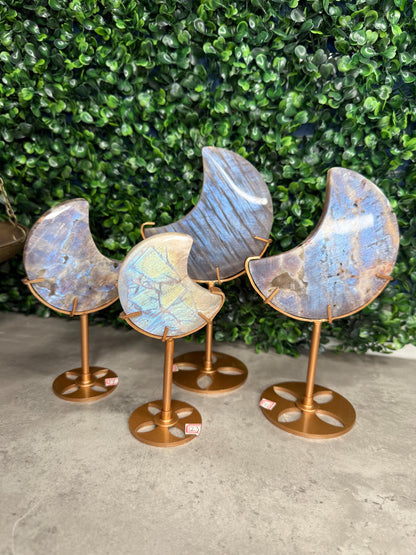 Moonstone and Sunstone Crystal Moon Carvings on Gold Stands