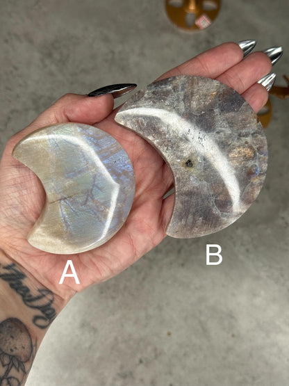 Moonstone and Sunstone Crystal Moon Carvings on Gold Stands