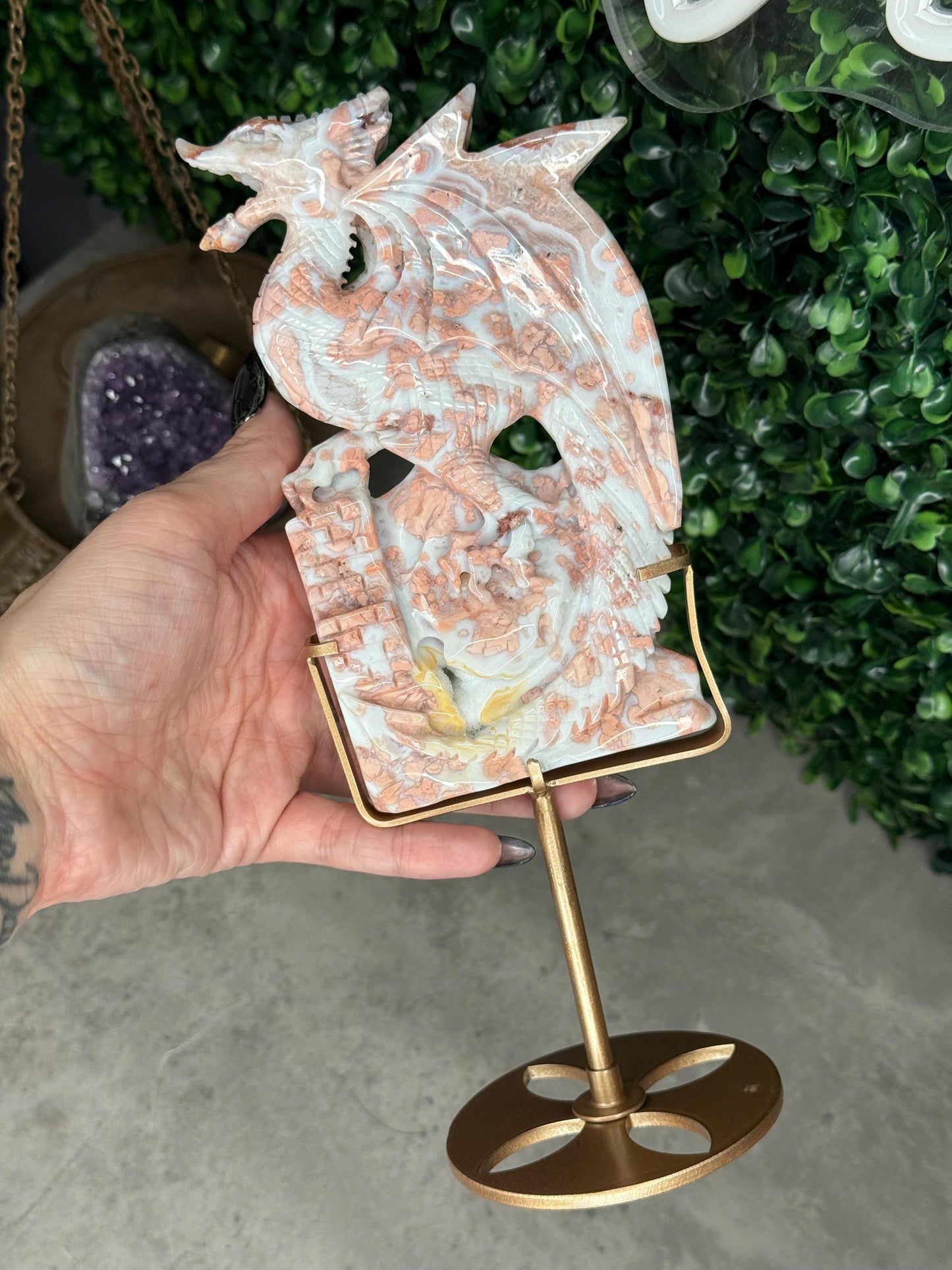 Pink Cotton Candy Agate Druzy Crystal Dragon Carving with Custom Gold Stand - 446g, 153mm