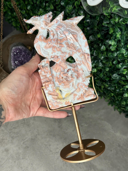 Pink Cotton Candy Agate Druzy Crystal Dragon Carving with Custom Gold Stand - 446g, 153mm