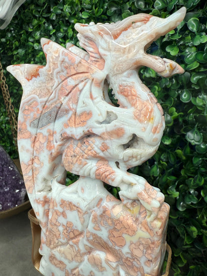 Pink Cotton Candy Agate Druzy Crystal Dragon Carving with Custom Gold Stand - 446g, 153mm