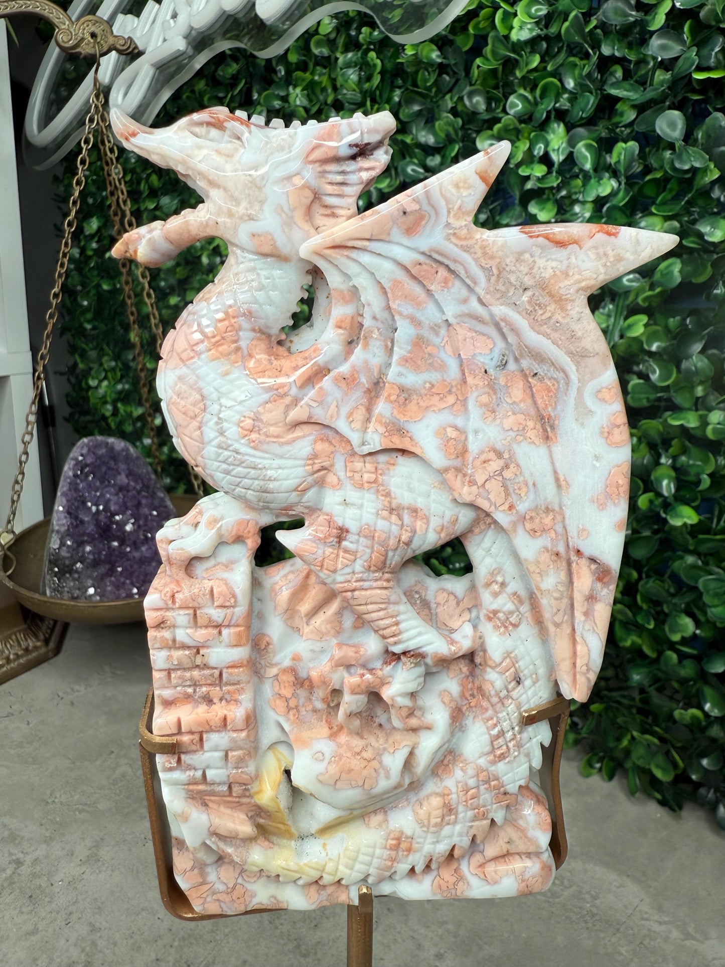 Pink Cotton Candy Agate Druzy Crystal Dragon Carving with Custom Gold Stand - 446g, 153mm