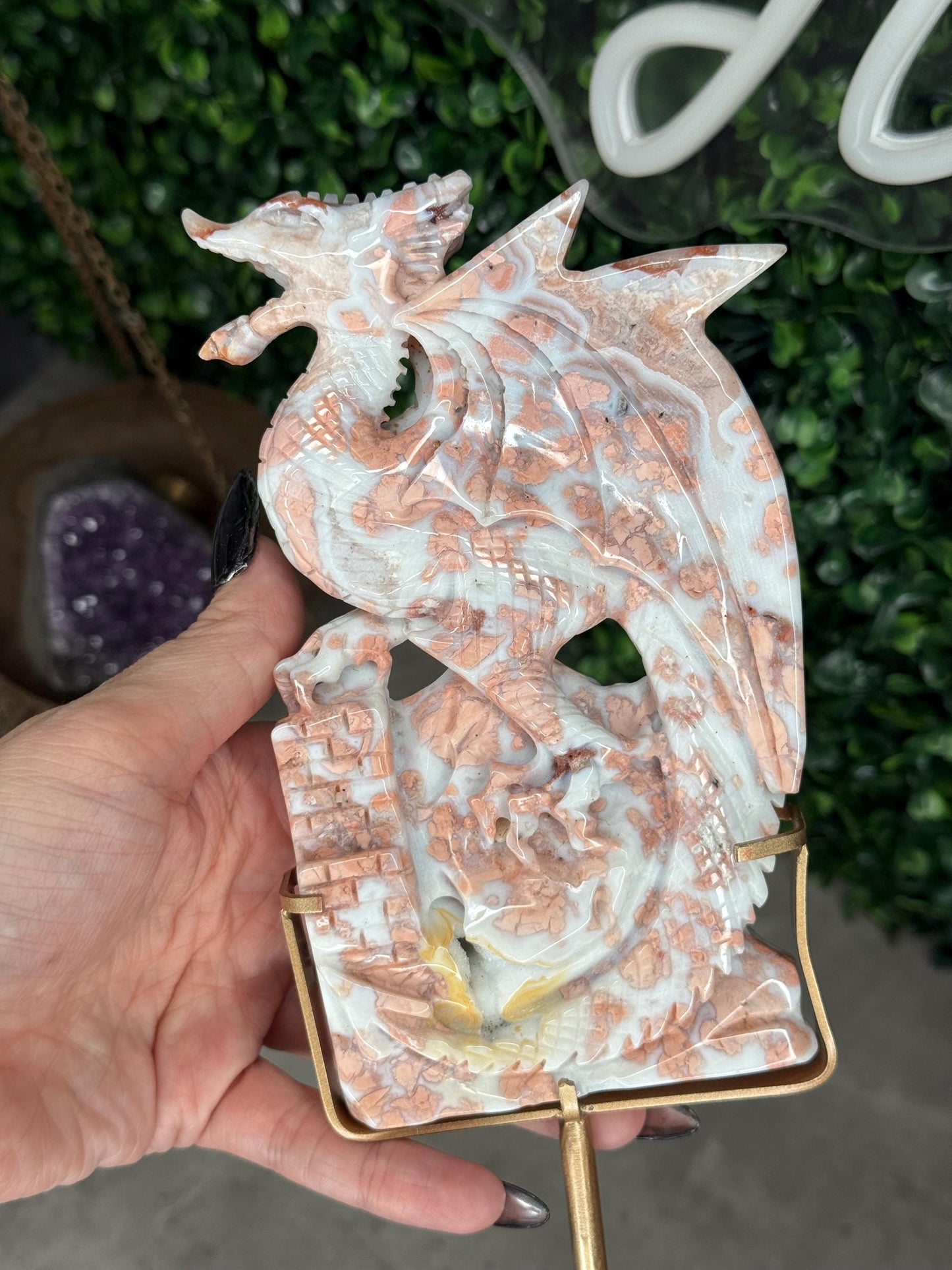 Pink Cotton Candy Agate Druzy Crystal Dragon Carving with Custom Gold Stand - 446g, 153mm