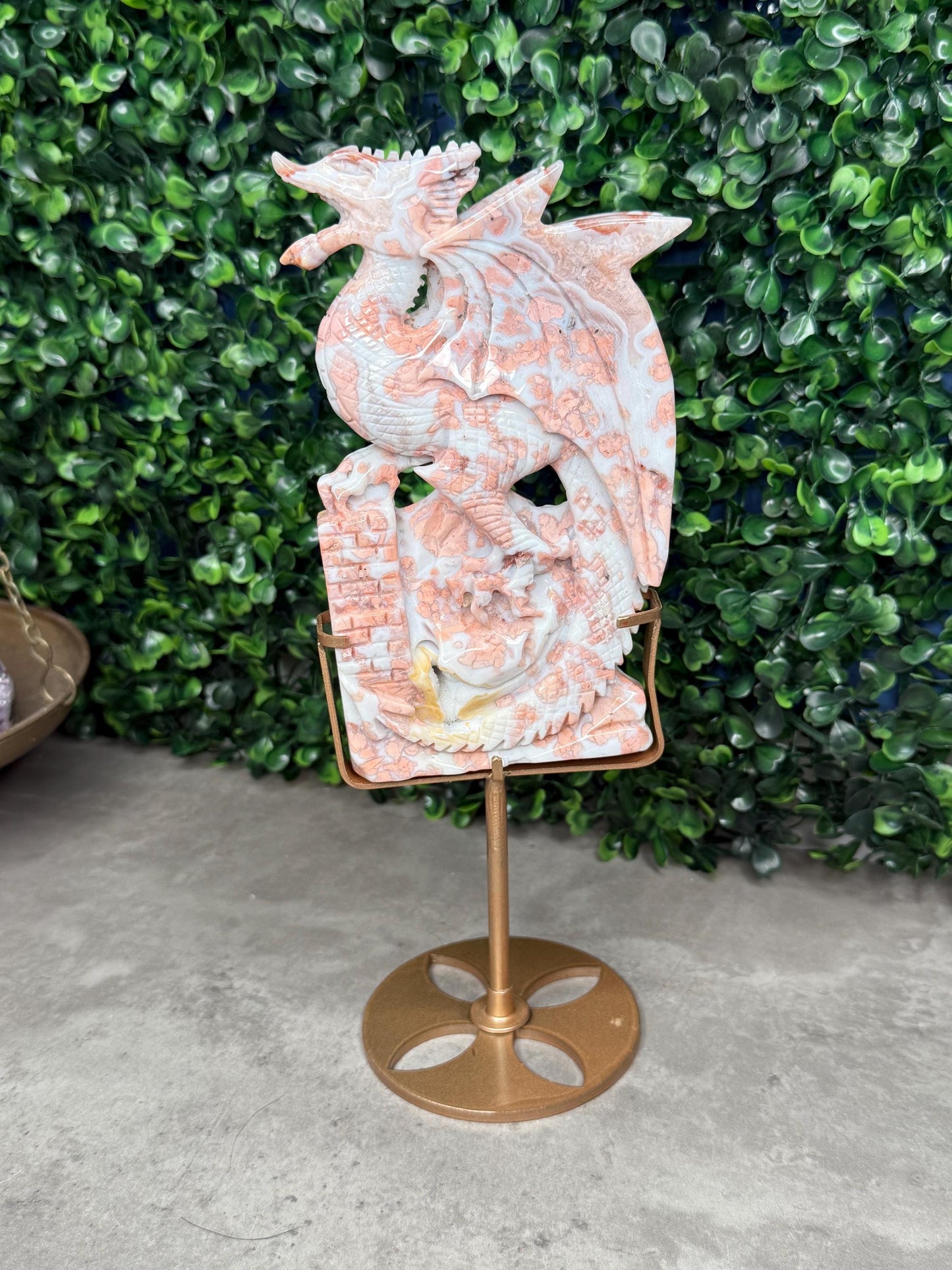 Pink Cotton Candy Agate Druzy Crystal Dragon Carving with Custom Gold Stand - 446g, 153mm